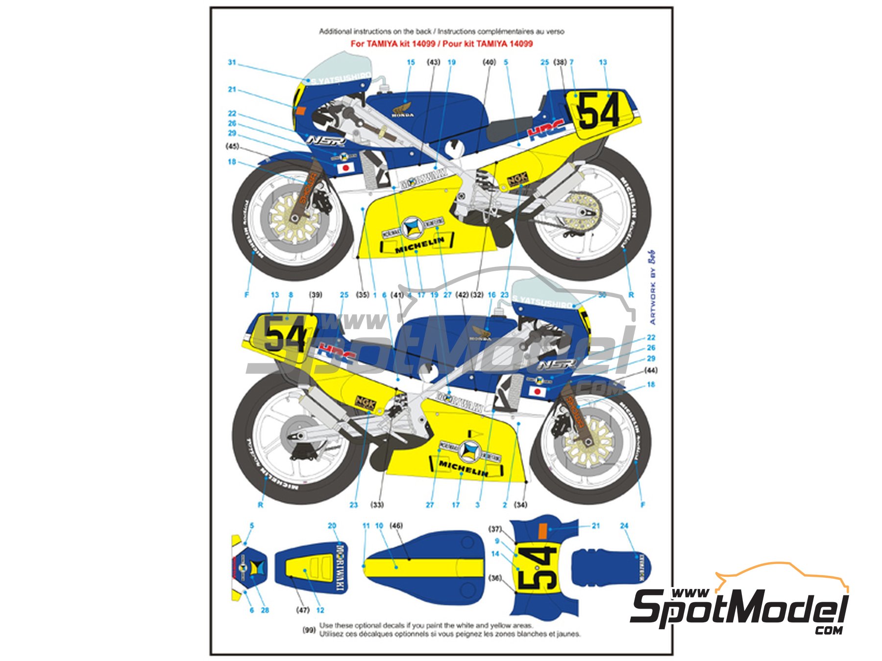 Honda NSR500 sponsored by HRC-Moriwaki - Motorcycle World Championship  1986. Marking / livery in 1/12 scale manufactured by Blue Stuff (ref.  12-012)